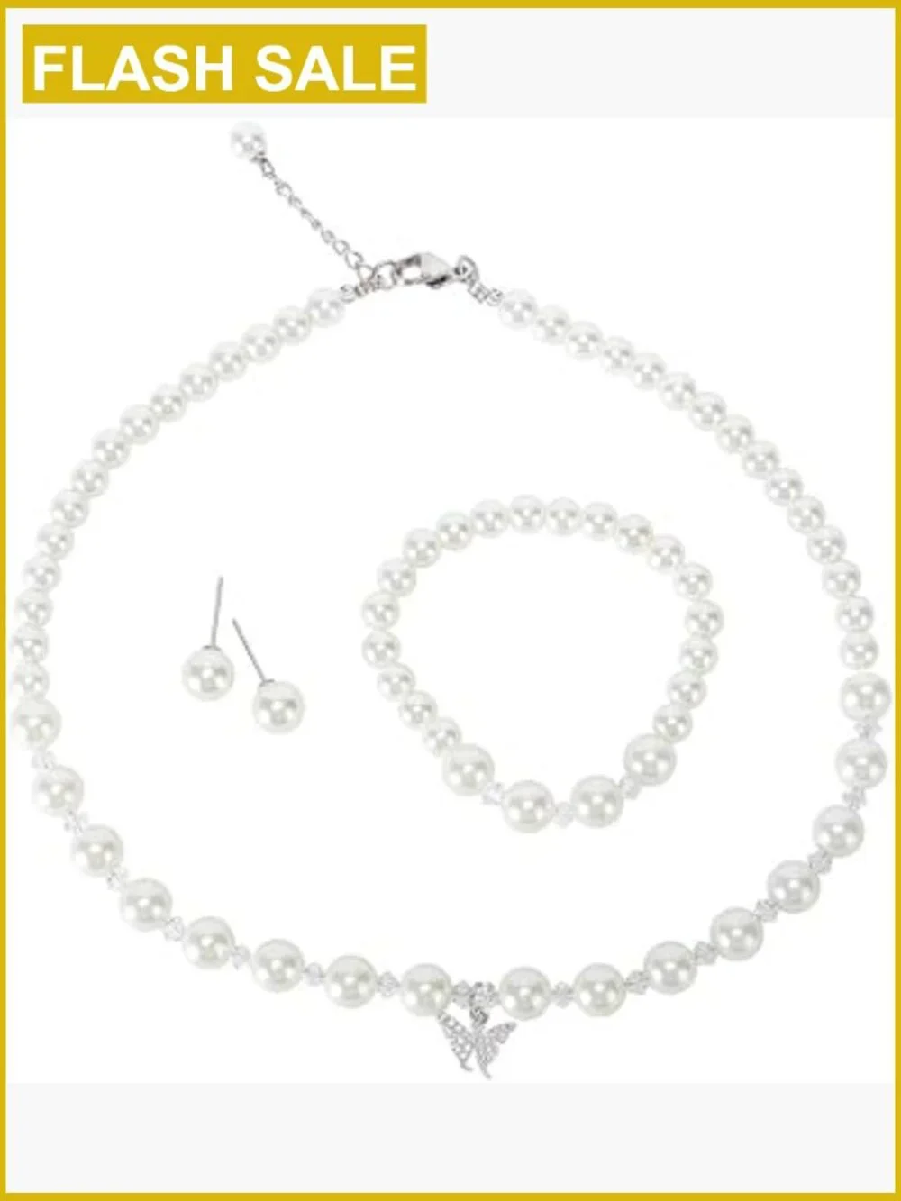 8mm Faux Crystal Glass Imitation Pearls Necklace Bracelet Earring Set with